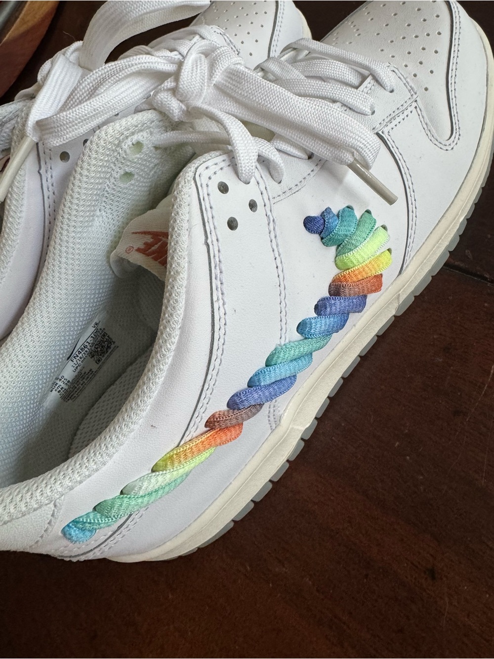 Nike New! Dunk Low SE Kids White Sneakers with Rainbow Lace Swoosh - Picture 4 of 5